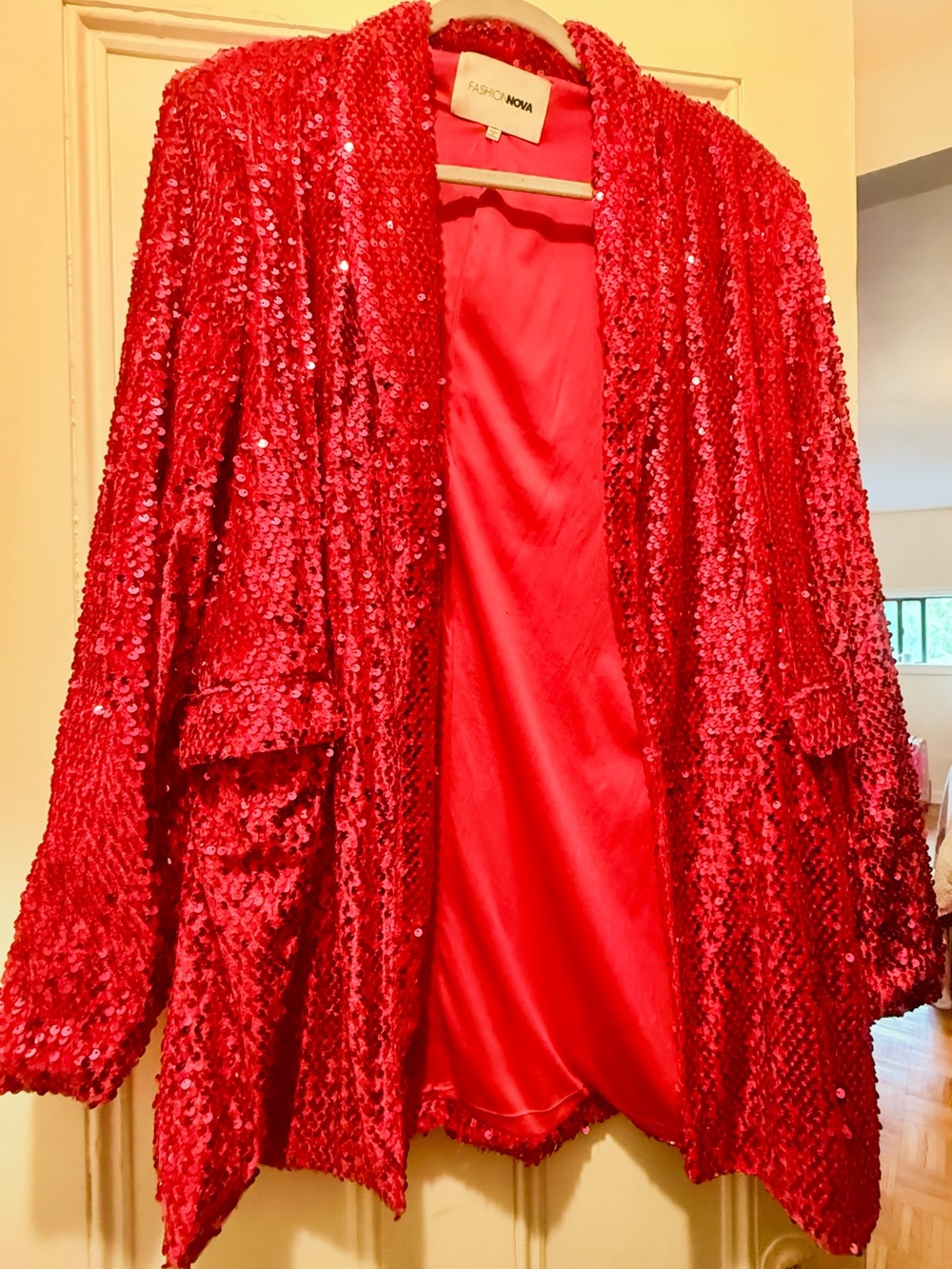 Fashion Nova Magenta Pink Sequin Open Blazer with faux Pockets Size XL